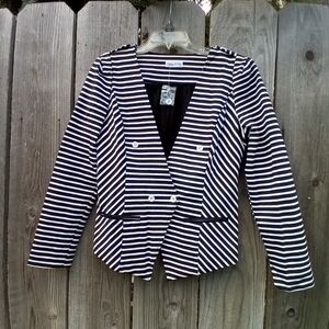 SAILOR STRIPED CROPPED BLAZER WOMEN M STRIPED BLACK WHITE ONE BUTTON FAKE POCKTE